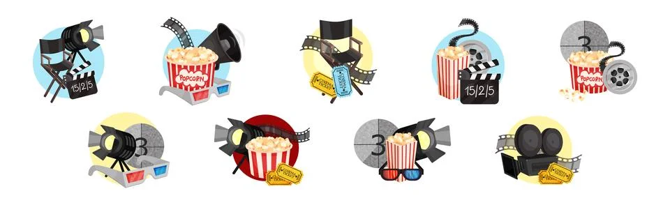 Cinematography Element and Object with Popcorn, Tickets, Reel and Clapperboard Stock Illustration