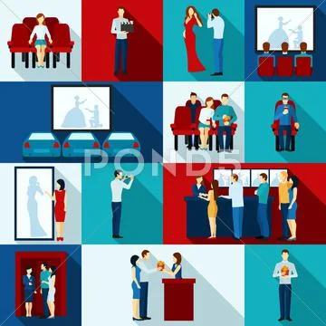 Cinematography Icons With People Watching Film Stock Illustration