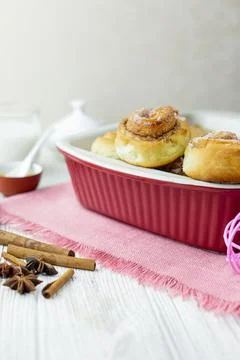Cinnabon rolls at the baking tray. Stock Photos
