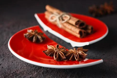 Cinnamon and anise on a red split plate. Stock Photos