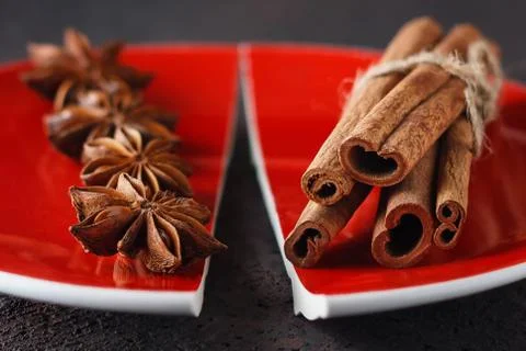 Cinnamon and anise on a red split plate. Stock Photos