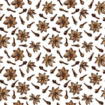 Cinnamon and carnation stars pattern watercolor Illustrazione stock