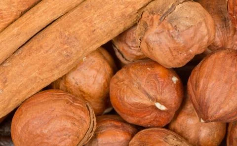 Cinnamon and nuts background Stock Photos