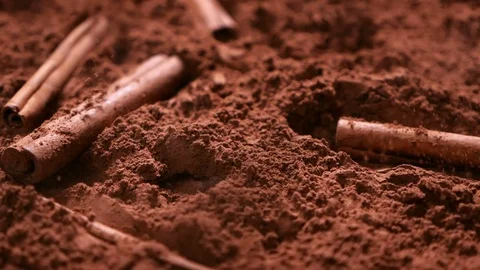 Cinnamon bars fall into cocoa powder - close up, slow motion Video stock 104464082