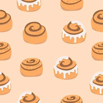 Cinnamon bun seamless pattern. Sweet roll with sugar glaze and chocolate on Stock Illustration
