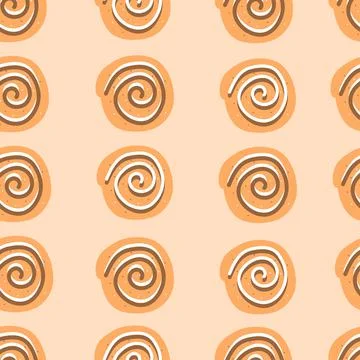Cinnamon bun seamless pattern. Sweet roll with sugar glaze and chocolate on 스톡 일러스트