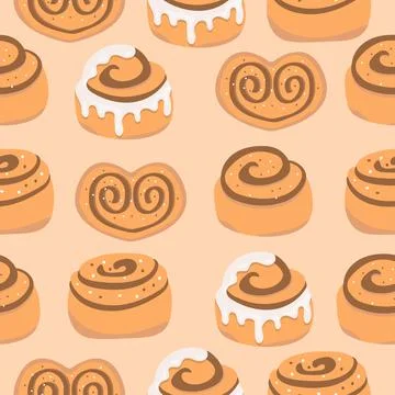 Cinnamon bun seamless pattern. Sweet roll with sugar glaze and chocolate on Stock Illustration
