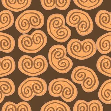 Cinnamon bun seamless pattern. Sweet roll with chocolate in the shape of a heart 스톡 일러스트