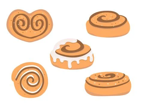 Cinnamon bun set. Sweet roll with sugar, glaze and chocolate, isolated on white Stock Illustration