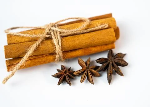 Cinnamon bundle with star anise spices Stock Photos