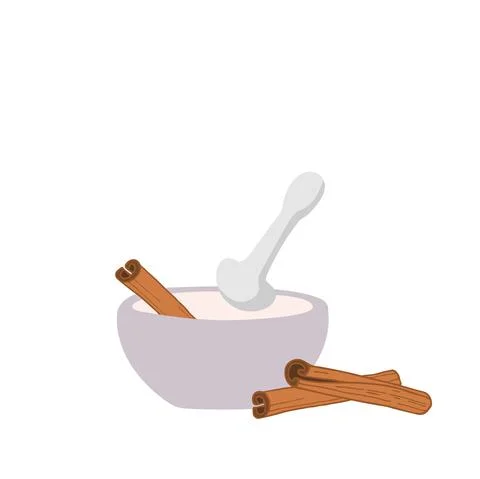 Cinnamon in ceramic or stone mortar. Organic product flat. Flavor cooking Stock Illustration