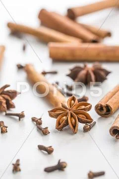 Cinnamon, clove and anise star. Stock Photos