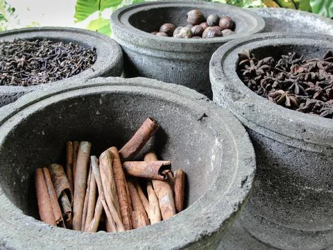 Cinnamon, cloves, star anise, nutmeg in a stone mortar Stock Photos