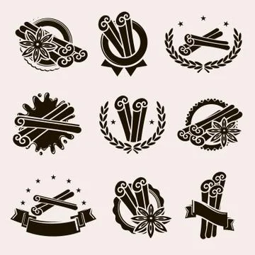 Cinnamon labels and elements set. Collection icon cinnamon. Vector Illustrazione stock