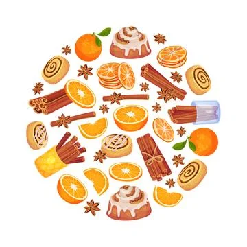 Cinnamon Orange Round Composition Design with Citrus Fruit, Spice Sticks and Bun Stock-Illustration