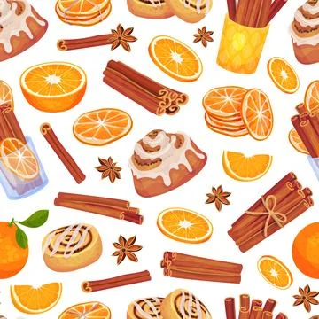 Cinnamon Orange Seamless Pattern Design with Citrus Fruit, Spice Sticks and Bun Stock Illustration