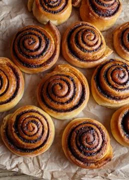 Cinnamon roll bread, buns, rolls on parchment paper. Homemade bakery. Sweet Stock Photos