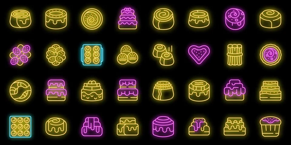 Cinnamon roll bun icons set vector neon Stock Illustration