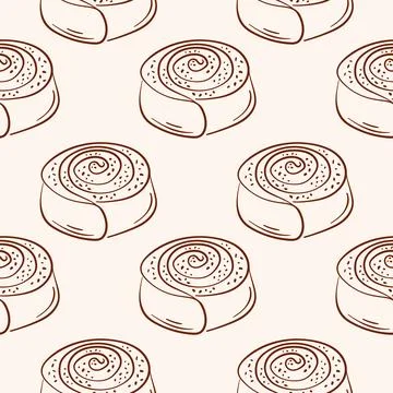 Cinnamon roll pastry seamless pattern in line art style. Perfect for bakery Stock Illustration