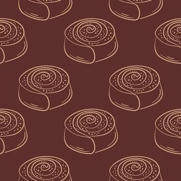 Cinnamon roll pastry seamless pattern in line art style. Perfect for kitchen Stock Illustration