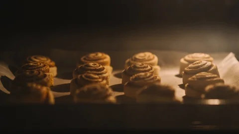 Cinnamon rolls. Baking in oven. Time lapse footage of cooking cinnamon rolls Stock Footage 128131104