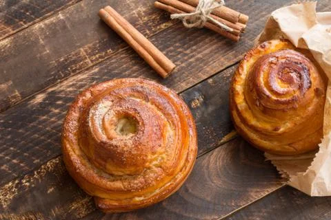Cinnamon rolls on the table. horizontal top view Stock Photos