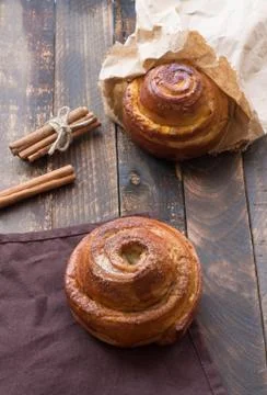 Cinnamon rolls on the table. horizontal top view Stock Photos