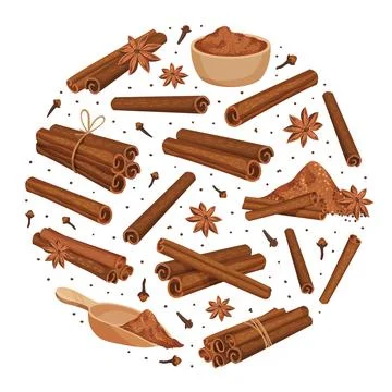 Cinnamon Round Composition Design with Aromatic Spice Sticks and Powder Vector Stock-Illustration