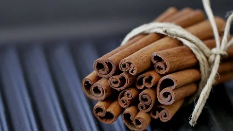 Cinnamon sticks bundle,4k close up shot, slowly,slider equipment used.LR pan Stock Footage 85139576