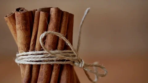 Cinnamon sticks bundle,4k close up shot,slowly,slider equipment used.LR pan,left Stock Footage 85137350