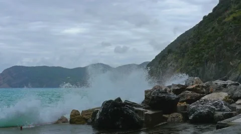 Cinque Terre Wave Crashing in 4k Stock Footage 44235784