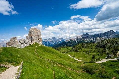 Cinque torri and croda da lago in one picture Stock Photos