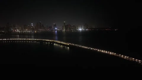 Cinta Costera Across Panama Bay with Panama City Skyline at Night Drone Footage Видео 339750942