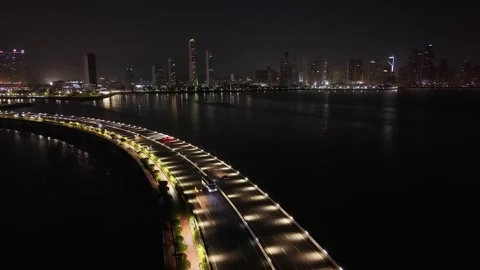 Cinta Costera Bridge Road in Panama City Skyscrapers Night Lights Drone Footage Видео 339709484