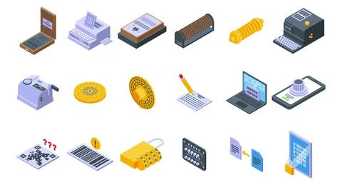 Cipher icons set, isometric style Illustrazione stock