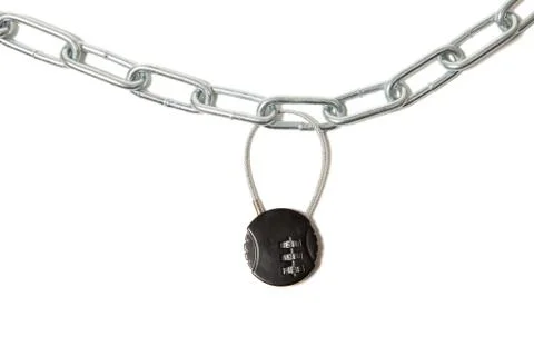 Cipher padlock on chain isolated on white background. Security concept. Stock Photos