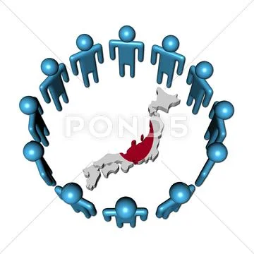 Circle of abstract people around japan map flag illustration Stock Illustration
