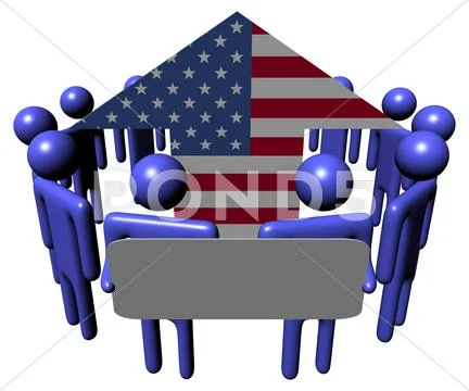 Circle of abstract people with sign around american flag arrow illustration Stock Illustration