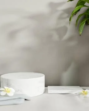 Circle and rectangle white marble podiums are on a white table against the .. Stock Illustration
