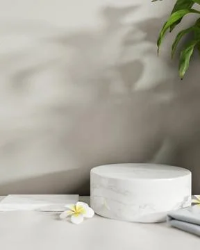Circle and rectangle white marble podiums are on a white table against the .. Stock Illustration