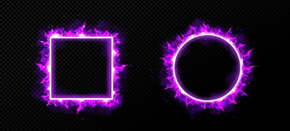 Circle and square frames with purple fire Illustrazione stock