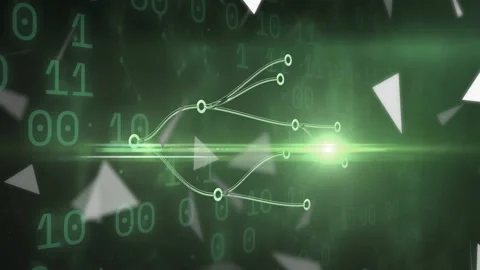 Circle appearing left starting network branching and pulsing, triangles swirling Video stock 311417095