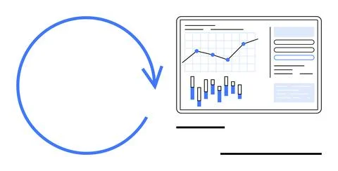 Circle arrow pointing at computer screen with charts and graphs. Ideal for da Stock Illustration