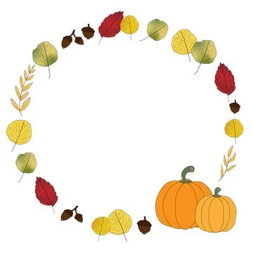 Circle autumn theme frame made of fall leaves, pumpkins and acorns. Stock Illustration