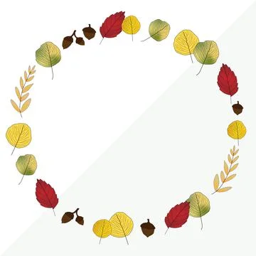 Circle autumn theme frame made of fall leaves and acorns. Stock Illustration