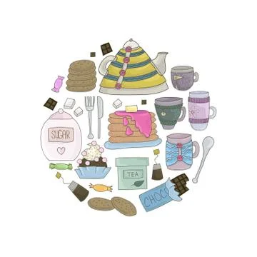 Circle background of tea party elements. Illustrazione stock