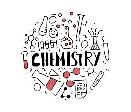 Circle badge with chemistry objects in doodle style. Science research symbols 스톡 일러스트