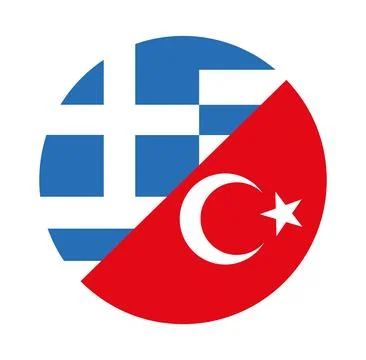 Circle badge Greece flag button half Turkey flag vector Stock Illustration