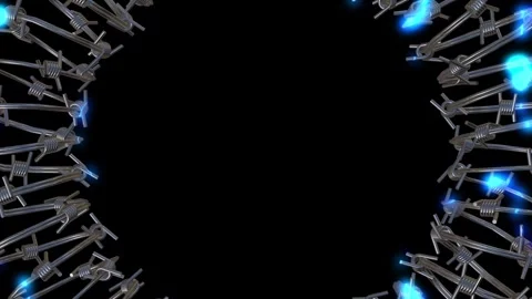 A circle of barbed wire rotates counterclockwise and blue electric discharges Video stock 244622639