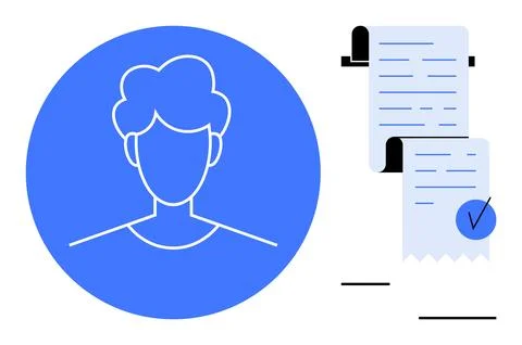 Circle with a basic human avatar on the left and two documents with a checkma Illustrazione stock